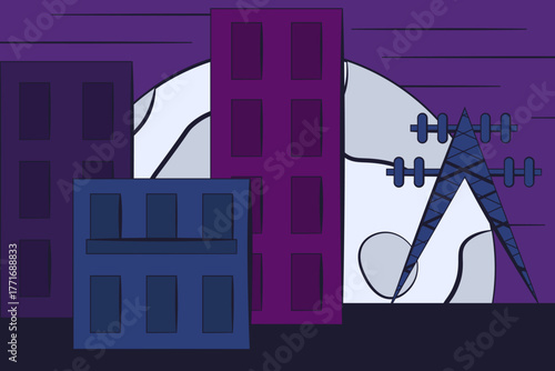 Modern urban landscape with a high-voltage transmission line. Vector illustration of simple geometric building on the big moon background. Child art for interior room decor. EPS 10