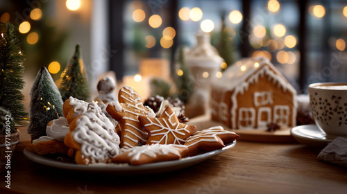 Decorated gingerbread cookies on a plate with a gingerbread house and coffee mug nearb