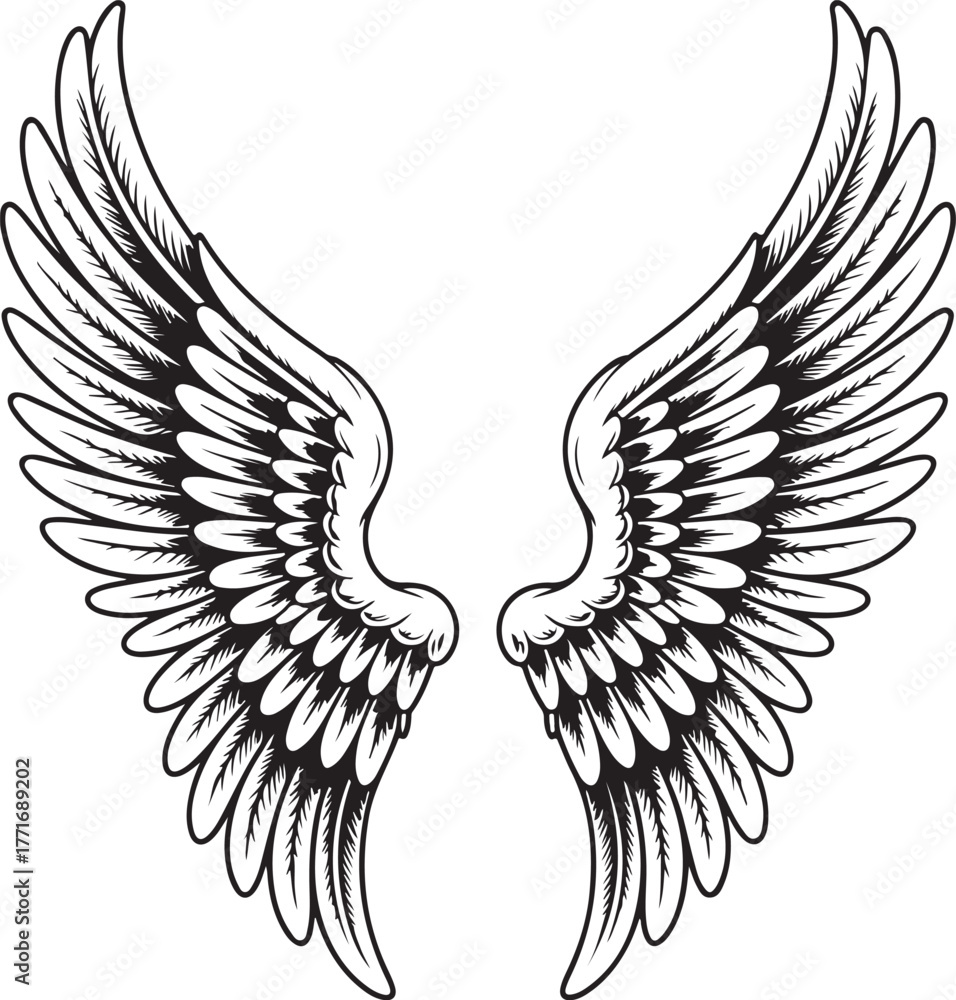 Obraz premium Dark Outlined Angel Wings Illustration Spreading Wide on Checkerboard Pattern Surface