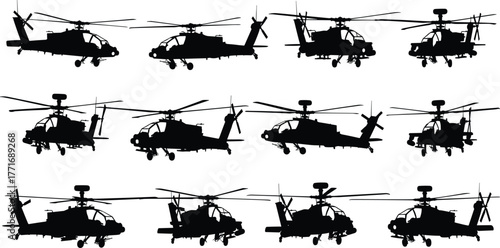 Military helicopter silhouettes collection, combat chopper and attack aircraft vector set, aviation weapon design, army air force icons, CAD drawing flat vector illustration