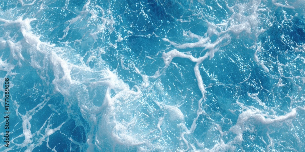 Obraz premium Bright turquoise ocean surface shows swirling white foam from turbulent water movement