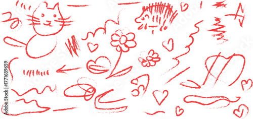 Hand drawn scribble and stroke elements for design Collection of diverse hand-drawn scribble, stroke, and sticker elements in crayon, charcoal, chalk, and pen styles for creative projects.