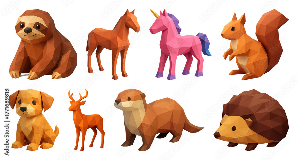 Obraz premium PNG Colorful low-poly animal models, element set on transparent background