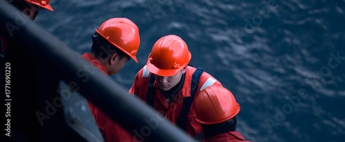 The crewmen collaborating on a vessel deck during tasks and activities.