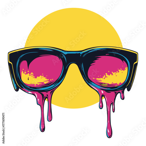 Retro sunglasses with colorful paint drips. Summer sun and cool melting glasses vector illustration for T-shirt design.