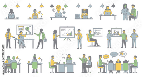 Illustrations of professional diverse people collaborating and working at desks in an office