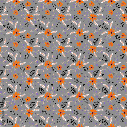 Seamless colorful retro floral pattern. Orange flowers on a gray background.