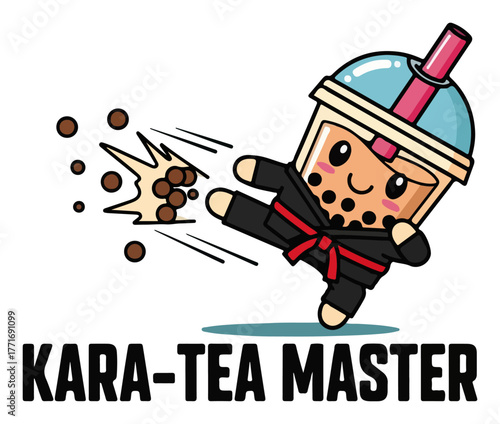 Cute boba tea character doing a karate kick. Funny Kara-tea Master pun vector illustration for stickers or T-shirt design.
