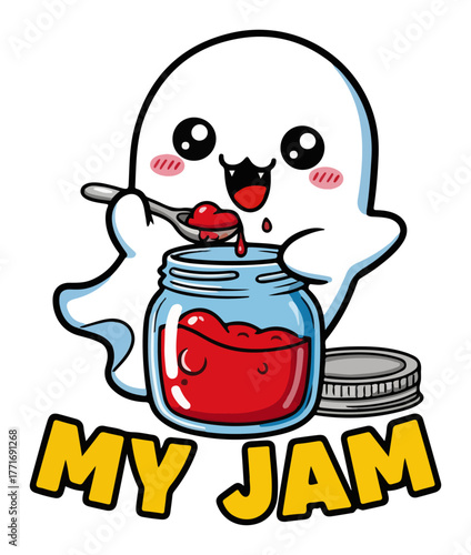 Adorable kawaii ghost with strawberry jam and My Jam pun slogan. Cute Halloween vector character for t-shirt print sticker or poster design