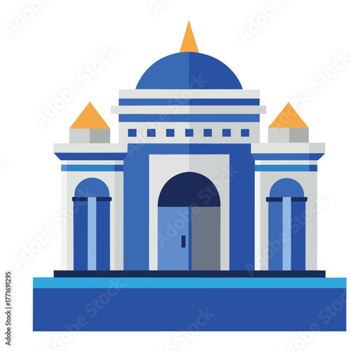 Architectural vector illustrations of iconic landmarks for travel and tourism, including a blue mosque, Greek island, and Orthodox church