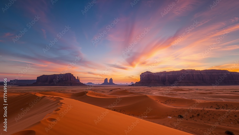 Fototapeta premium Desert Dusk. A Landscape of Sand and Sky, Textured Forms, and Golden Hour Light.