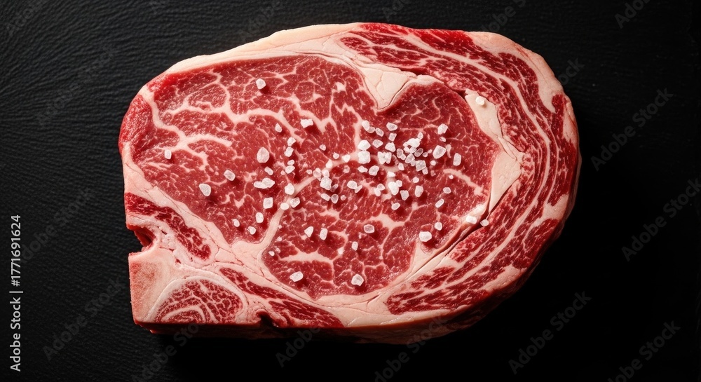 Obraz premium A raw ribeye steak with salt on a dark background.
