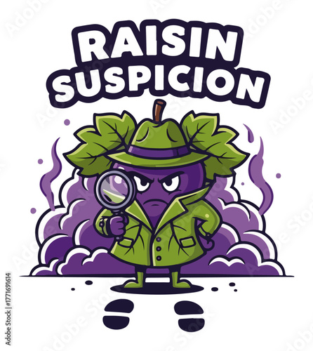 Raisin Suspicion Detective Grape Mascot with Magnifying Glass Vector