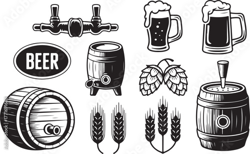 Brewery Set with Beer Taps, Mugs, Barrels, Hops, and Wheat for Oktoberfest Celebrations