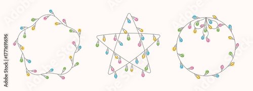 Glowing color holiday lightbulb garland. Christmas, New Year, birthday light festoon decorative frame set for card, banner