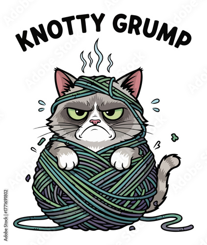 Funny grumpy cat tangled in yarn with Knotty Grump pun. Cute but angry kitten vector for T-shirt design.