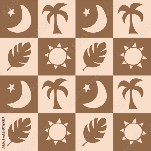 tropical pattern with sun, moon, and palm tree
