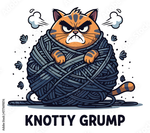 Funny angry cat tangled in a ball of yarn. Knotty Grump pun vector illustration for T-shirt design.