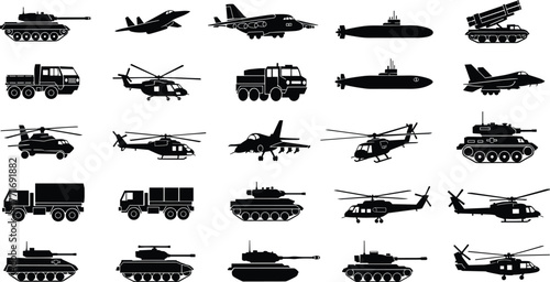 Military vehicles and aircraft silhouettes, tank, helicopter, submarine, truck and jet vector collection, black army transport set, CAD drawing flat vector illustration