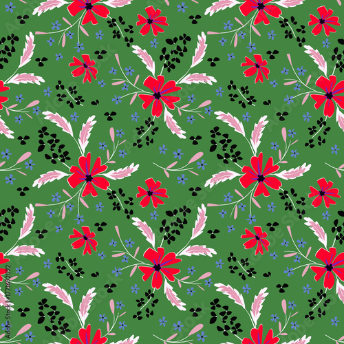 Seamless colorful retro floral pattern. Red flowers on a green background.