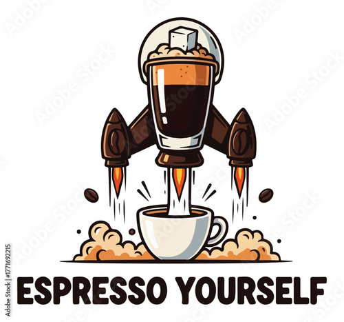 Creative coffee rocket concept with Espresso Yourself pun. Vector illustration for coffee lovers and T-shirt design.