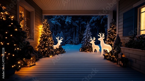Festive christmas porch with illuminated reindeer and trees creating a magical winter wonderland scene