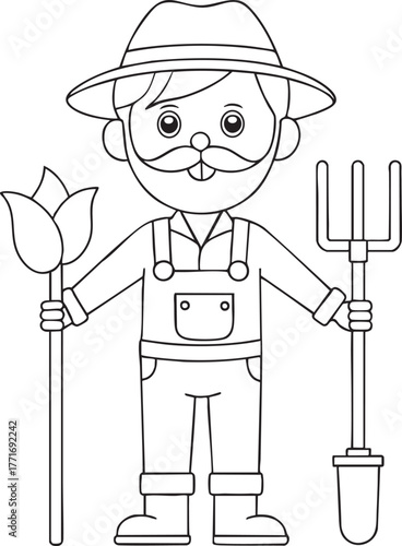 Friendly cartoon farmer holding a tulip and pitchfork ready for garden work