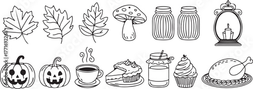 Fall Harvest Festival Doodle Collection: Leaves, Pumpkins, Treats, and Thanksgiving Icons