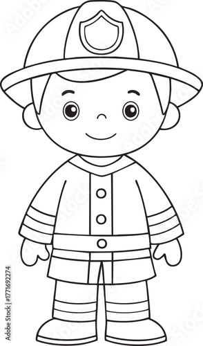 Cute cartoon firefighter standing ready for action coloring page for kids and children