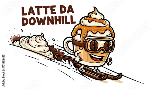 Funny Coffee Pun Latte Da Downhill. Cartoon latte character skiing vector illustration.