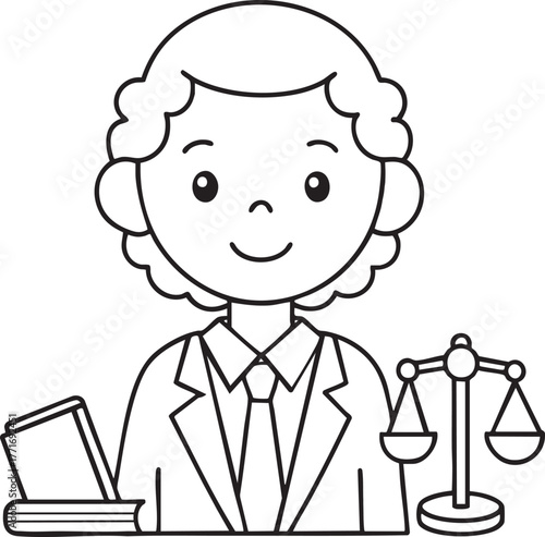 Charming cartoon lawyer character with scales of justice and briefcase ready to serve justice