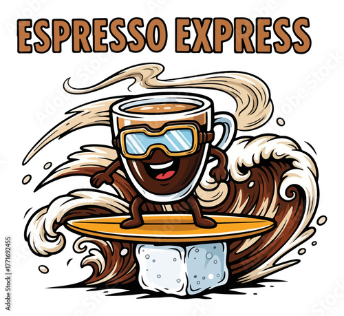 Funny Coffee Pun Espresso Express. Cartoon espresso character surfing a coffee wave.