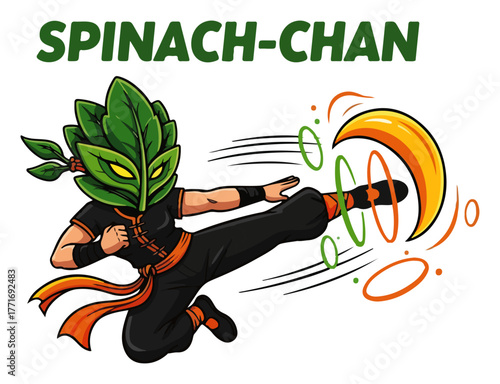 Funny spinach character as an anime martial arts fighter. Spinach-Chan pun vector for vegan and manga T-shirt designs.