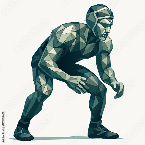 A stylized, geometric illustration of a wrestler vector in a classic ready stance, rendered in a low-poly art style.