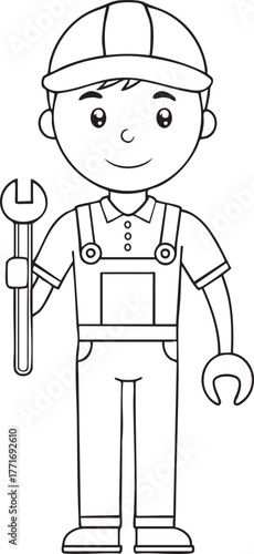 Cartoon mechanic character holding wrenches ready for automotive repair and manual labor