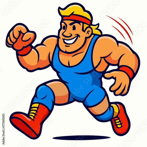 A cartoon illustration of a muscular, smiling wrestler vector in a blue singlet and red headband running energetically.