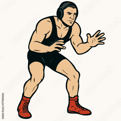 Cartoon illustration of a male wrestler vector in a black singlet and headgear, poised in a ready stance.