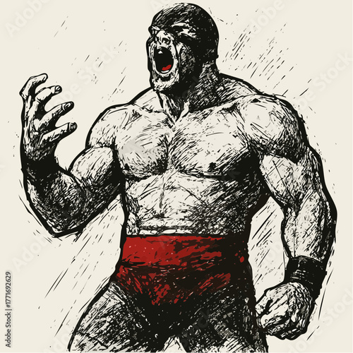 A muscular wrestler vector  with a gorilla mask roars aggressively in a vintage sketch style.