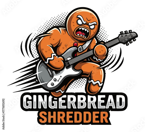 Gingerbread Shredder Playing Electric Guitar – Rock Metal Cookie Mascot Vector