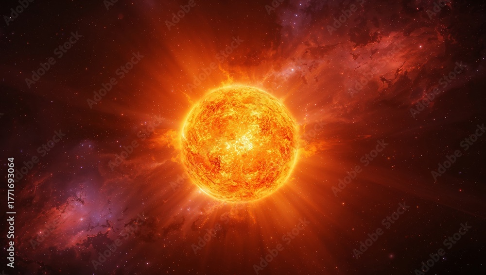 Obraz premium Fiery Sphere Amidst Cosmic Dust, Abstract Space Visualization, Golden Light Burst.