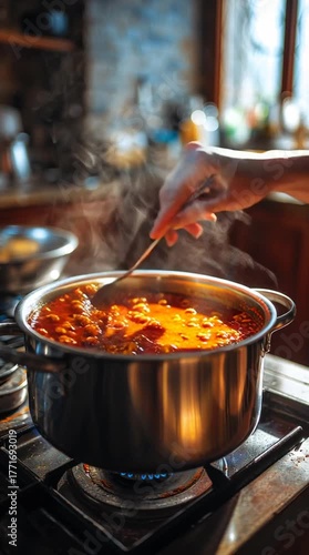 Culinary Creation: A steaming pot of rich, vibrant stew simmers gently on a stove, with a delicate hand stirring the contents. This image captures the essence of home cooking and culinary artistry.