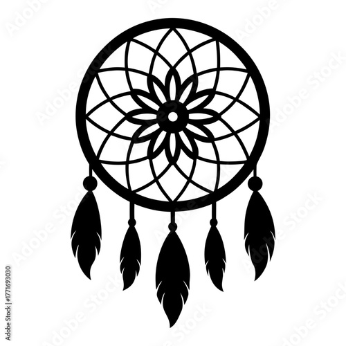 Detailed black and white silhouette of a traditional dream catcher with a circular web and hanging feather,   cultural monochrome vector illustration for decoration and design.