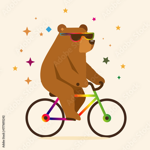 Farbenfrohe Vektorillustration eines coolen Bären auf einem Fahrrad. Der Bär trägt eine bunte Sonnenbrille und fährt entspannt, umgeben von leuchtenden Sternen. Ein modernes, humorvolles Motiv