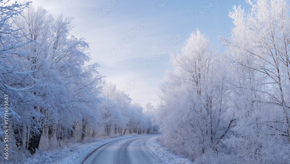 Fototapeta premium Frozen Road Perspective, Winter Landscape with Trees in Frosty Weather, Clear Sky.