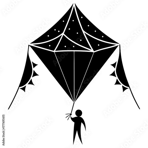 Vector illustration of a child holding a spool while flying a kite, simple white background for culture
