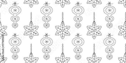 Intricate black and white holiday ornament pattern with snowflakes and festive shapes for seasonal decoration