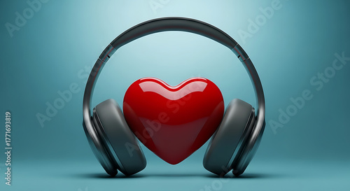 A vibrant red heart wearing modern headphones, symbolizing a deep passion and emotional connection to music and sound waves