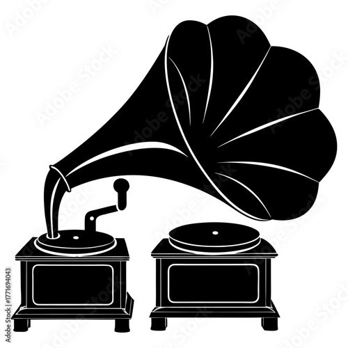An old gramophone with a horn is ready to play music, silhouette vector, gramophone silhouette vector illustration