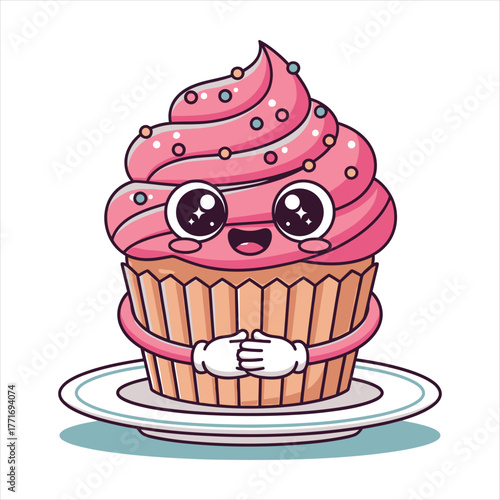 Cute Kawaii Pink Cupcake Character Happy Dessert Treat with vector illustration