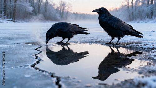 A pair of black ravens on a frozen river in a frosty winter landscape. One bird drinks from a hole in the ice, its reflection visible in the water.